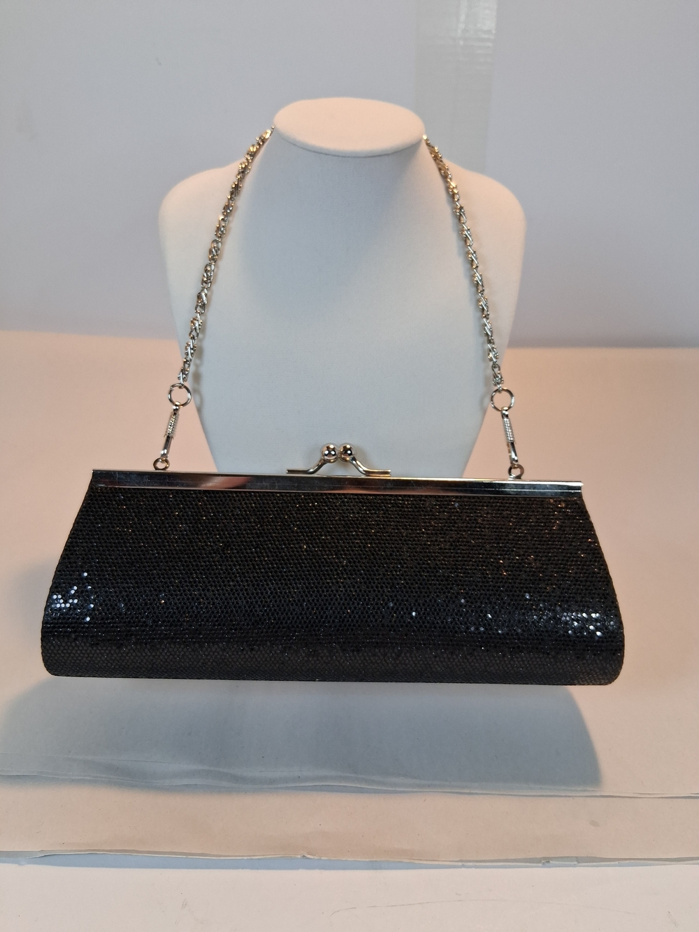 Source Unknown Black Sequin Evening Clutch with Silver Chain
